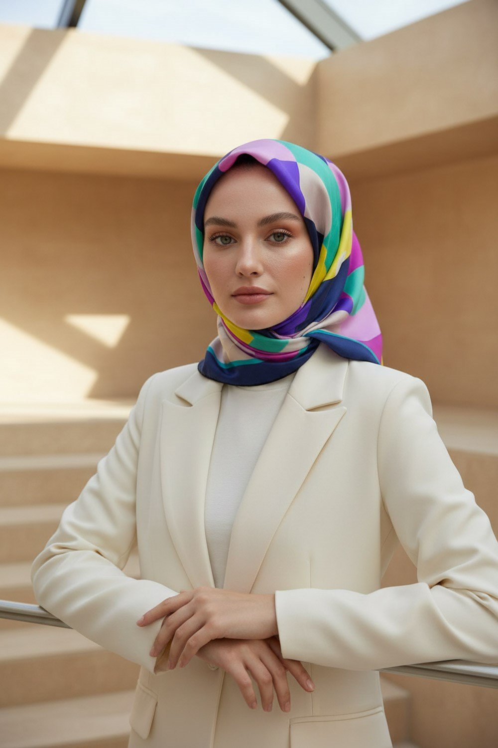 %100 Twill Renk Bloklu Çizgili Desenli Pembe - Lacivert Renkli 90x90 Eşarp Dikim Şekli: El Dikişii