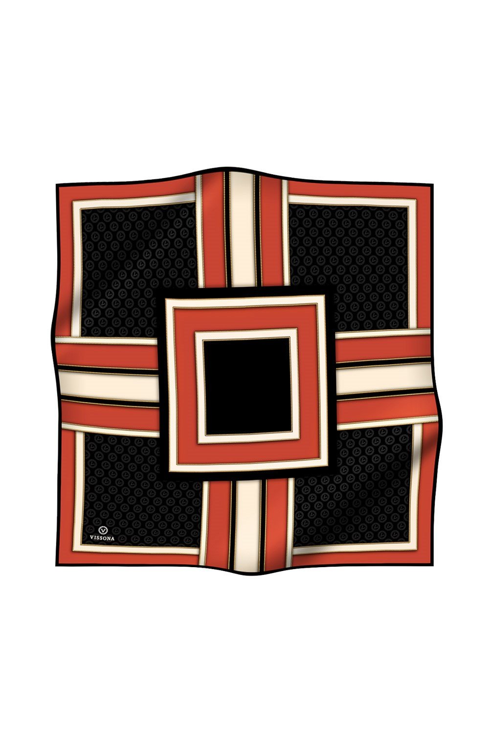 %100 Twill Geometrik Monogram Desenli Siyah - Taba Renkli 90x90 Eşarp Kenar Dikiş Şekli : El Dikişli