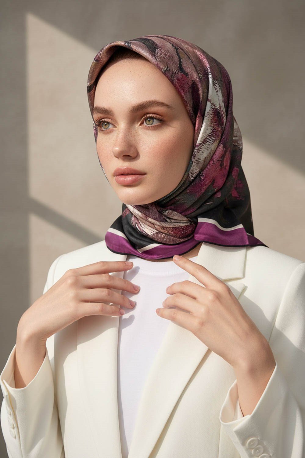 %100 Twill İpek Yağlı Boya Çiçek Desenli Mürdüm - Petrol Yeşili Renkli 90x90 Eşarp Dikim Şekli : El Dikişi