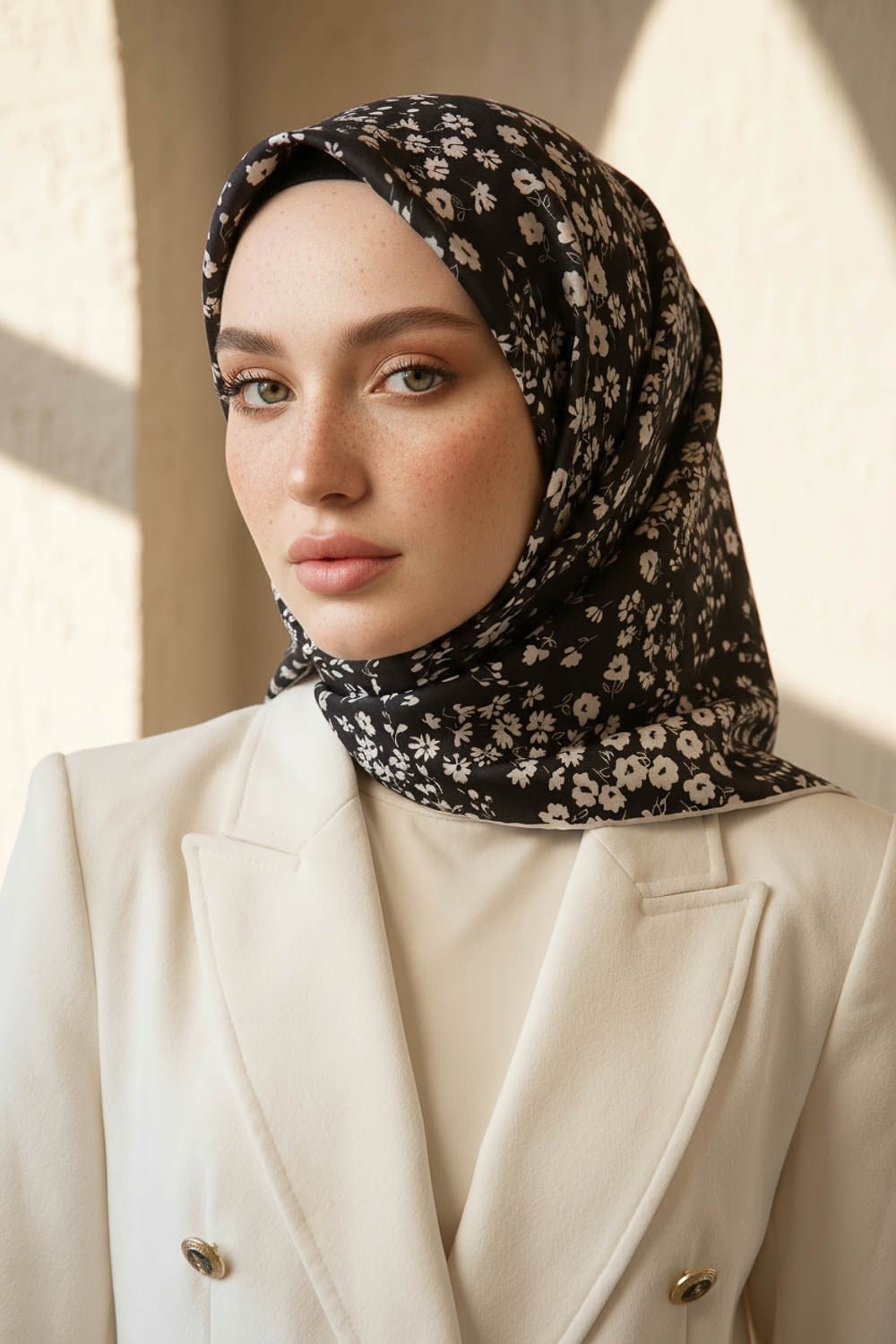 %100 Twill İpek Çıtır Çiçek Desenli Siyah - Krem Renkli 90x90 Eşarp Dikim Şekli : El Dikişi