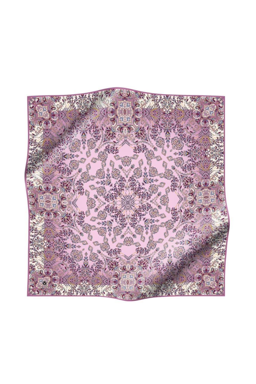 %100 Twill İpek Şal Desenli Pembe Renkli 90x90 Eşarp Dikim Şekli : El Dikişi
