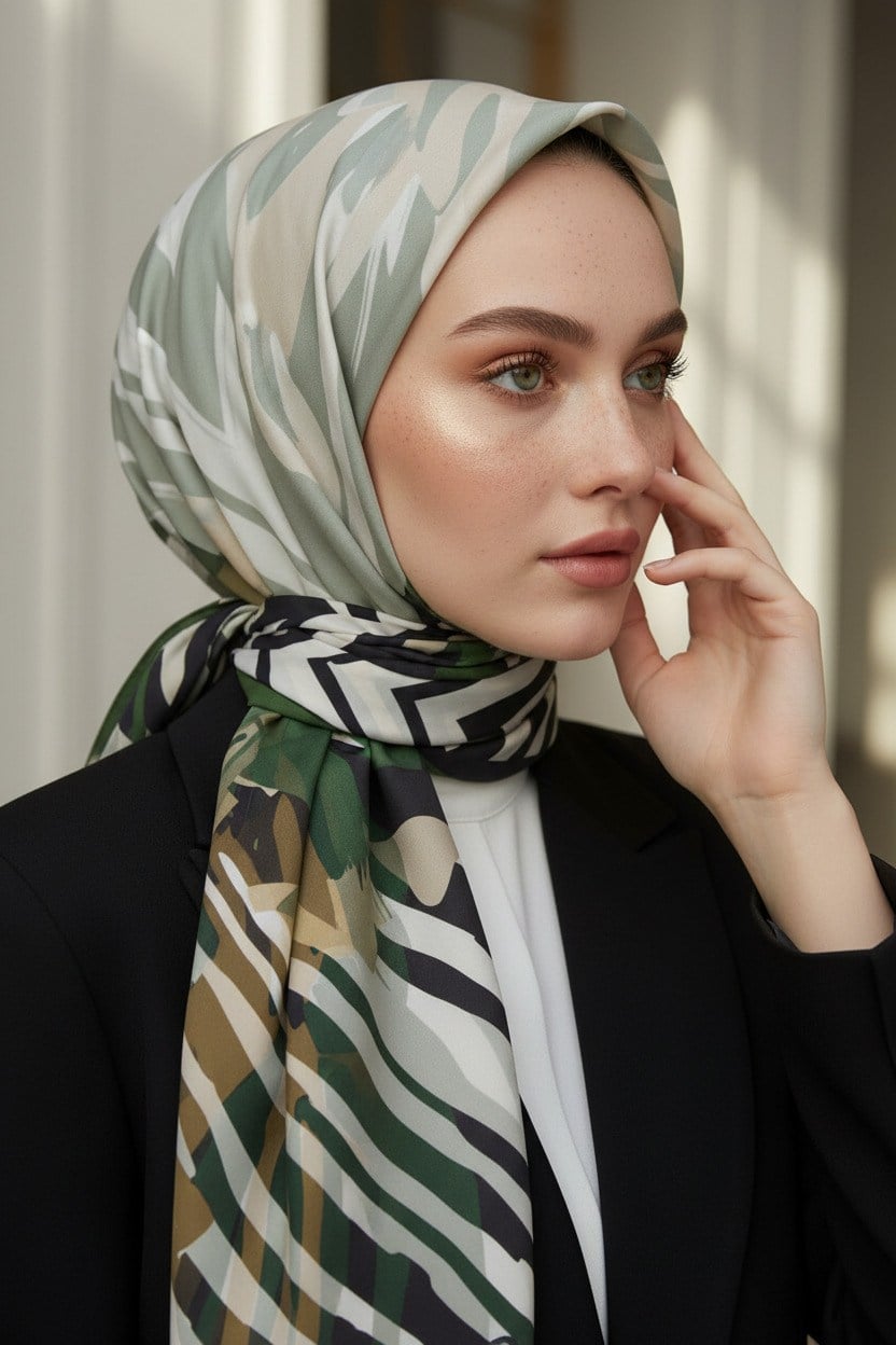 KREP ZEBRA VE ÇİÇEK DESENLİ ZÜMRÜT YEŞİLİ RENKLİ 75X195 KIRIŞMAZ ŞAL