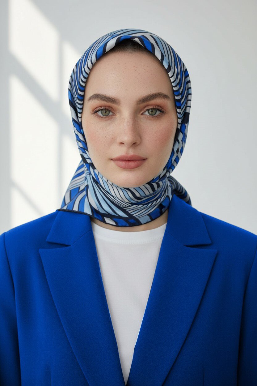%100 Twill İpek Okyanus Dalgası Desenli Lacivert - İndigo Renkli 90x90 Eşarp Kenar Dikiş Şekli El Dikişli