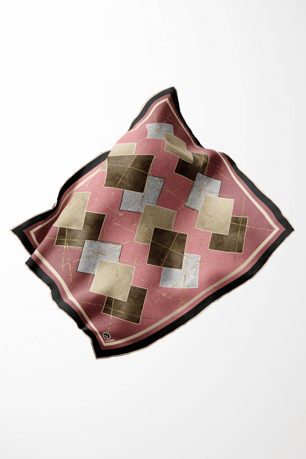 Twill Geometrik Desenli Pudra Renkli 90x90 Eşarp (İpek İçermez) Kenar Dikiş Şekli El Dikişli