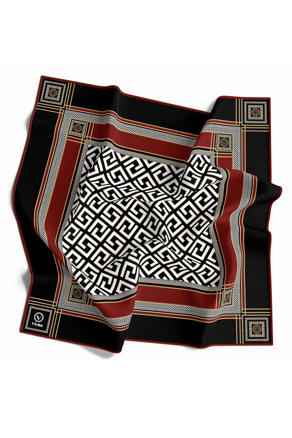 Twill Antik Desenli Bordo Renkli 90x90 Eşarp (İpek İçermez) Kenar Dikiş Şekli El Dikişli