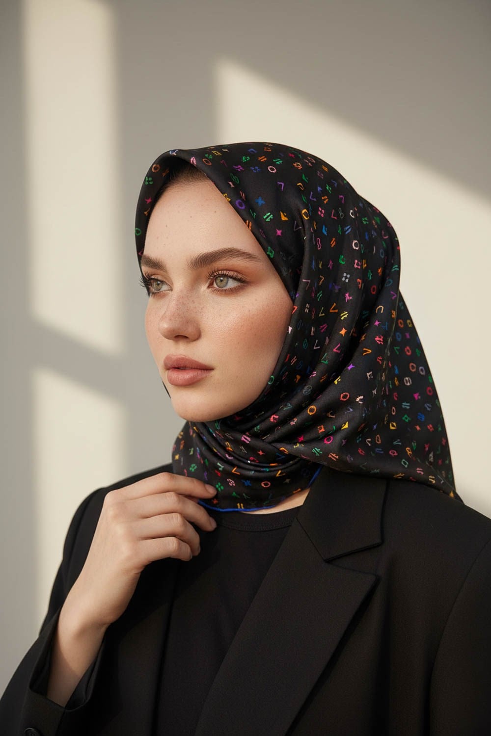 %100 Twill İpek Çıtır Motif Desenli Siyah - Saks Renkli 90x90 Eşarp Dikim Şekli : El Dikişi