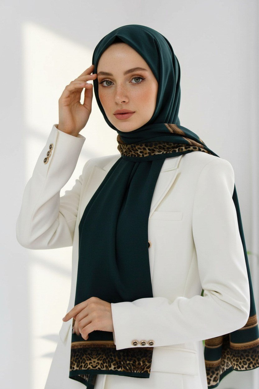 KREP LEOPAR BORDÜR DESENLİ PETROL YEŞİLİ RENKLİ 75X195 KIRIŞMAZ ŞAL