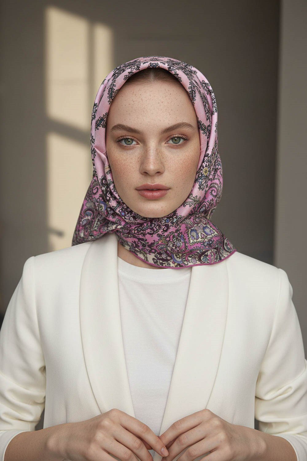 %100 Twill İpek Şal Desenli Pembe Renkli 90x90 Eşarp Dikim Şekli : El Dikişi