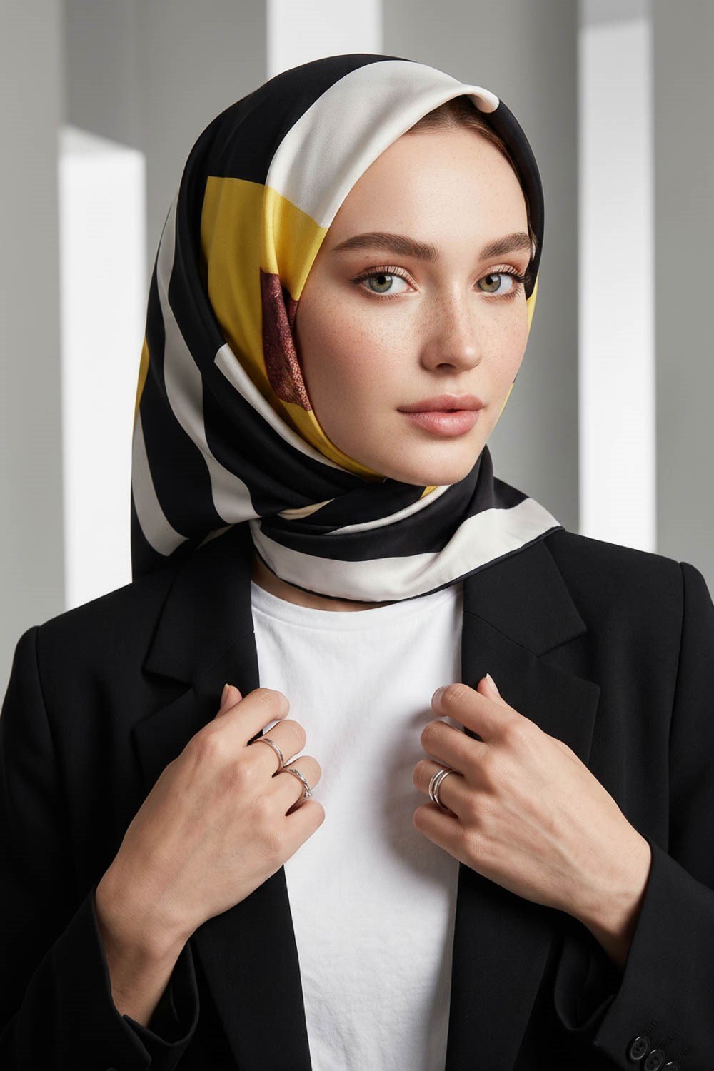 %100 Twill İpek Karo Desenli Limon Sarısı - Siyah Renkli 90x90 Eşarp Dikim Şekli : El Dikişi