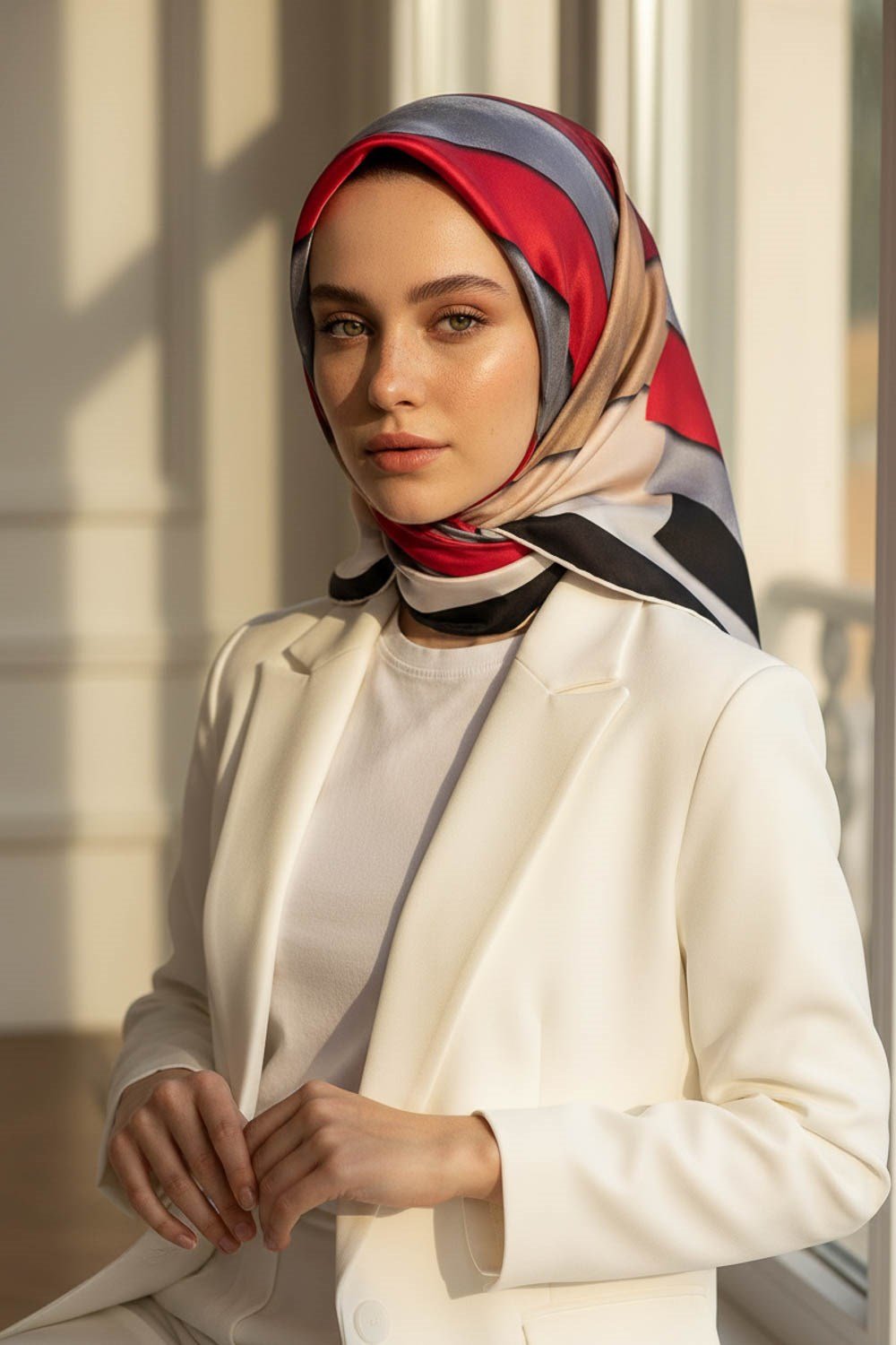 % 57 İPEK % 43 VİSKON Twill Geometrik Bulut  Desenli Kırmızı Bej  Renkli 90x90 Eşarp Dikim Şekli: El Dikişi