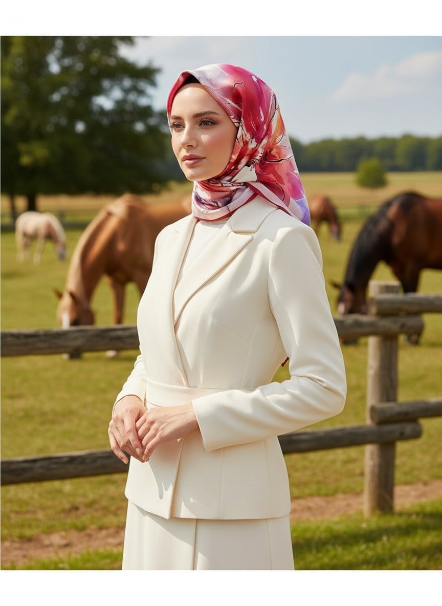 %100 Twill İpek Sulu Boya Çiçek Desenli Kırmızı - Fuşya Renkli 90x90 Eşarp Dikim Şekli : El Dikişi