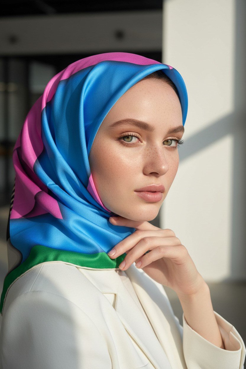 %100 Twill Renk Bloklu Çizgili Desenli Bebe Mavisi - Pembe Renkli 90x90 Eşarp Dikim Şekli: El Dikişii