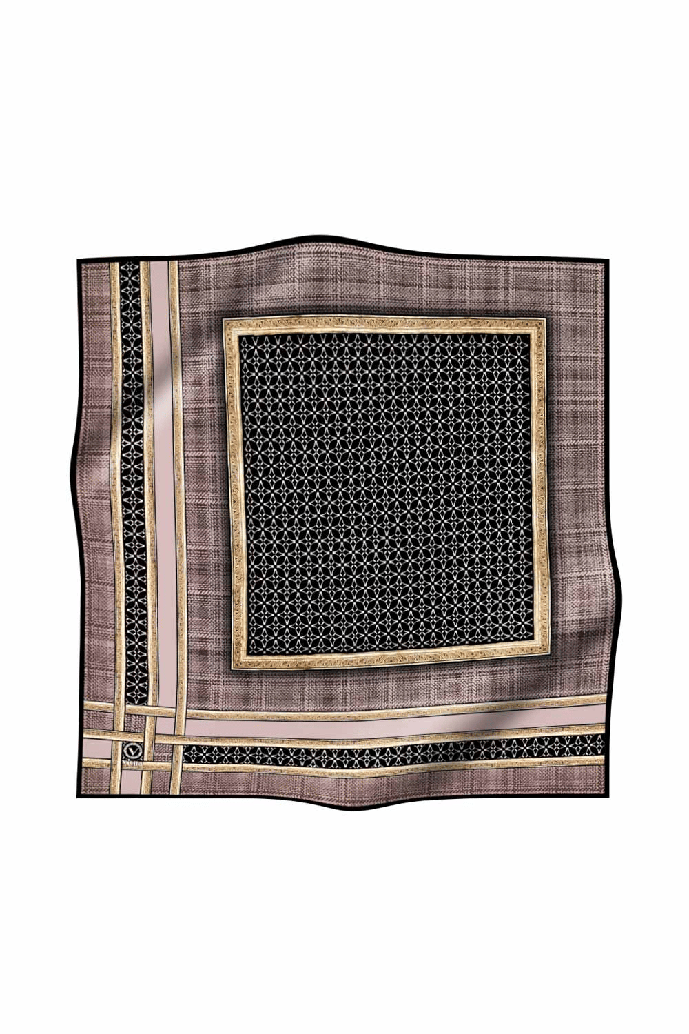 Twill Gold Bordürlü Geometrik Desenli Vizon Renkli 90x90 Eşarp (İpek İçermez) Kenar Dikiş Şekli El Dikişli
