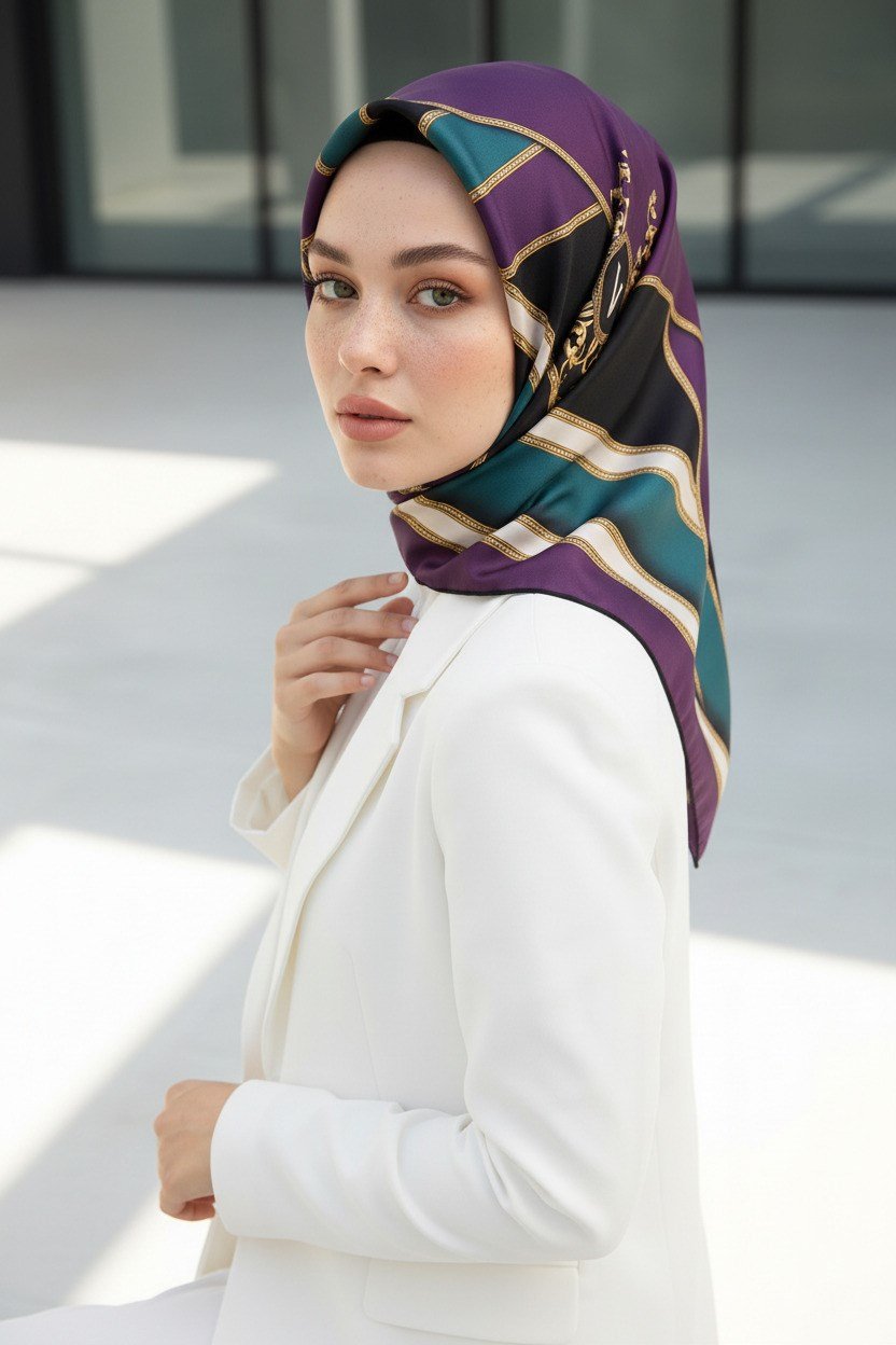%100 Twill İpek Baroklu Ve Geometrik Desenli Mürdüm - Petrol Yeşili Renkli 90x90 Eşarp Dikim Şekli : El Dikişi