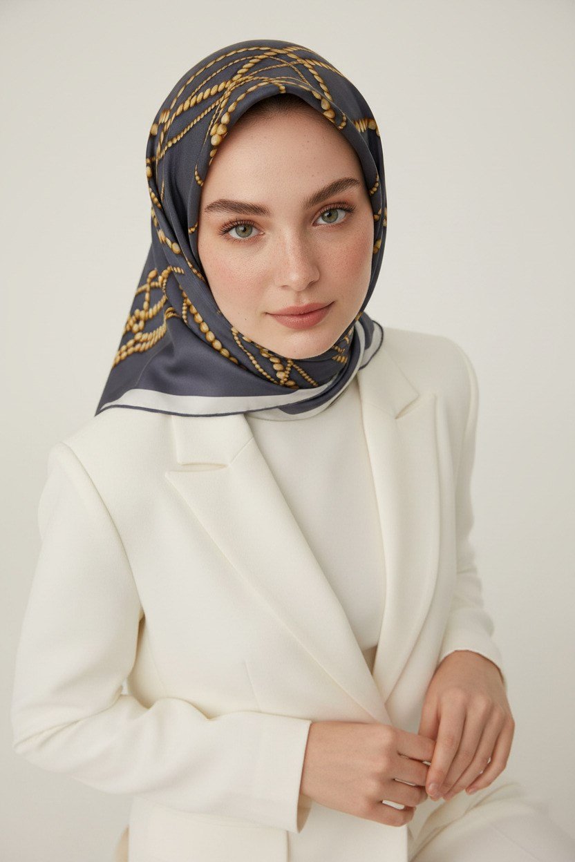 %100 Twill İpek İnci Desenli Gri Renkli 90x90 Eşarp Kenar Dikiş Şekli : El Dikişli