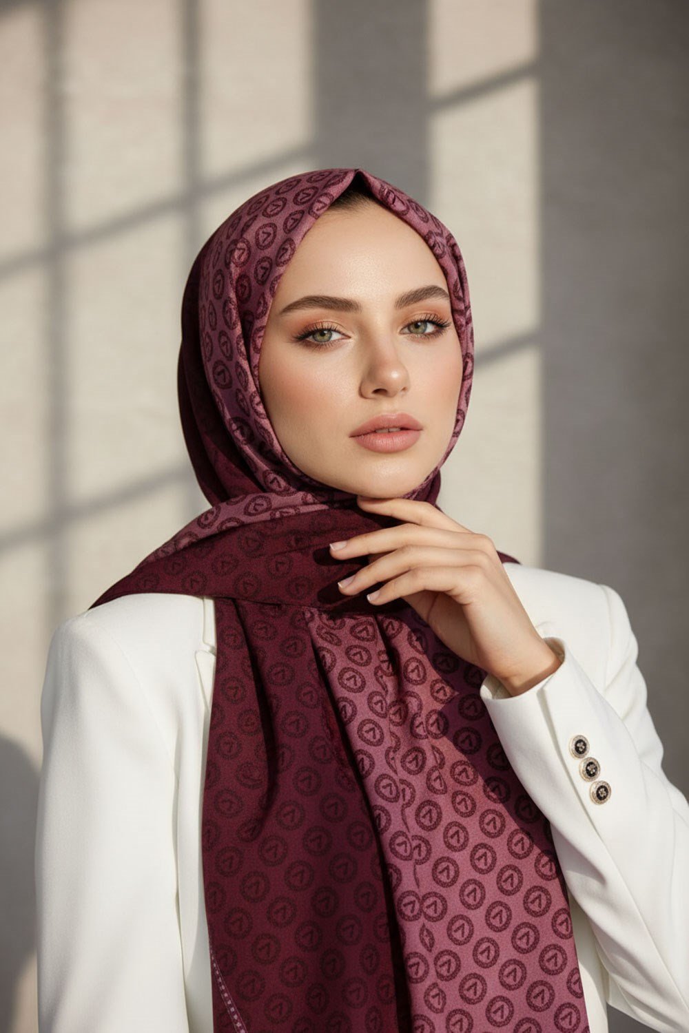 KREP MONOGRAM DESENLİ PUDRA RENKLİ 75X195 KIRIŞMAZ ŞAL