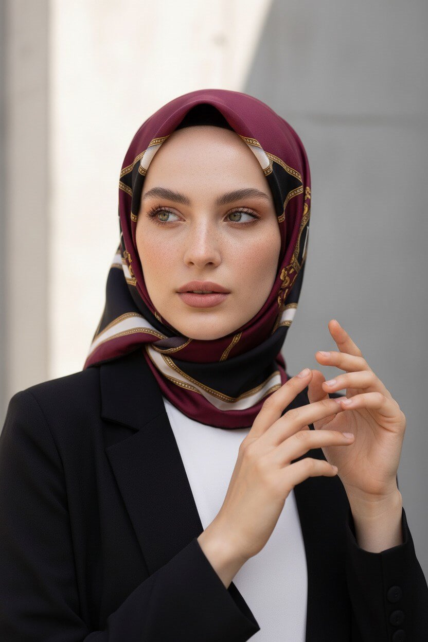 %100 Twill İpek Baroklu Ve Geometrik Desenli Bordo - Siyah Renkli 90x90 Eşarp Dikim Şekli : El Dikişi