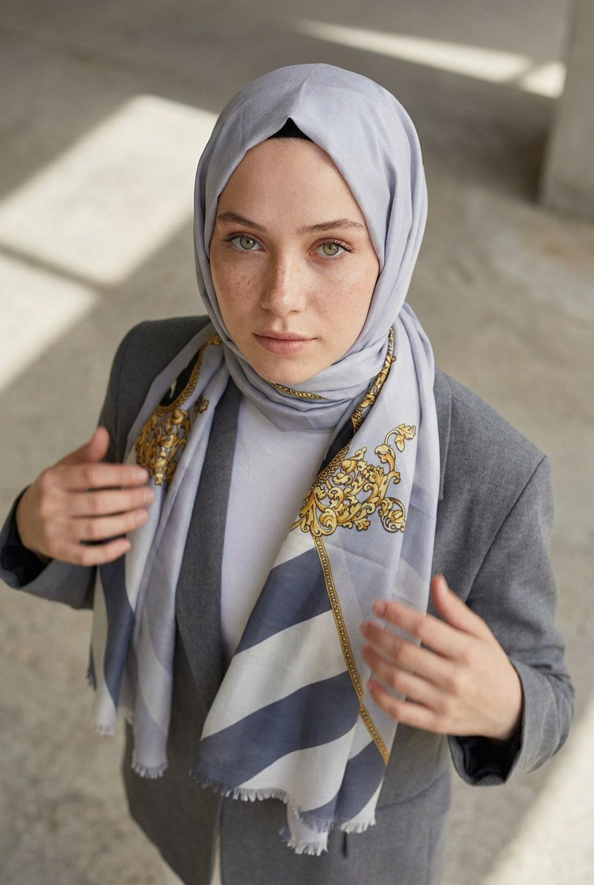 %100 Saf İpek Şal İnce Saten Vual Dokuma Şeritli Ve Varak Desenli Füme - Gri Renkli 90x210 Şal