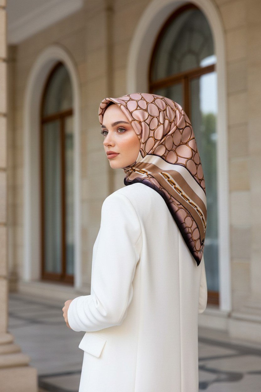%100 Twill İpek Zincir Desenli Pudra - Bej Renkli 90x90 Eşarp Kenar Dikiş Şekli El Dikişli