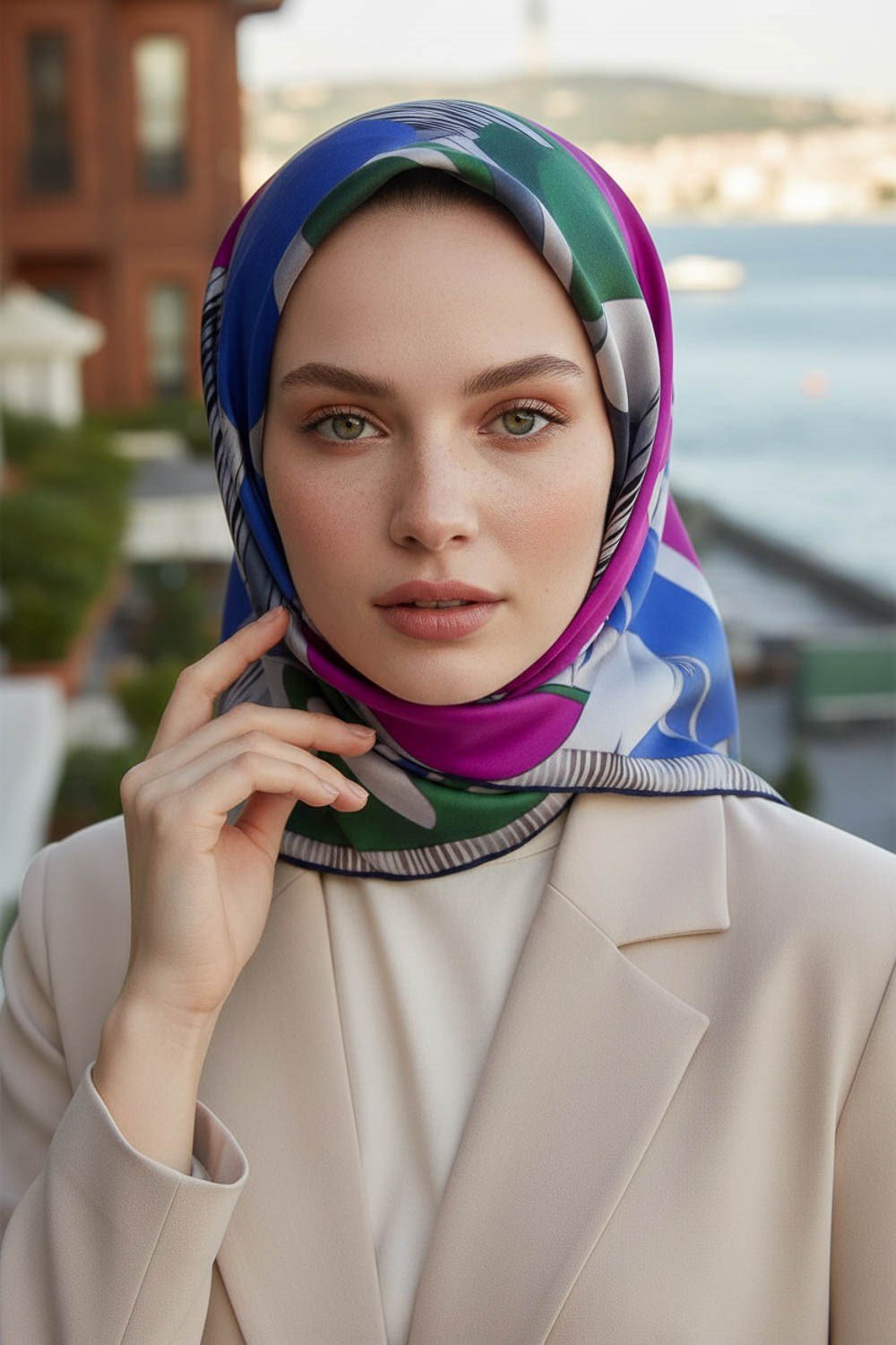 %100 Twill İpek Geometrik Desenli Fuşya - Saks Kabuğu Renkli 90x90 Eşarp Dikim Şekli : El Dikişi