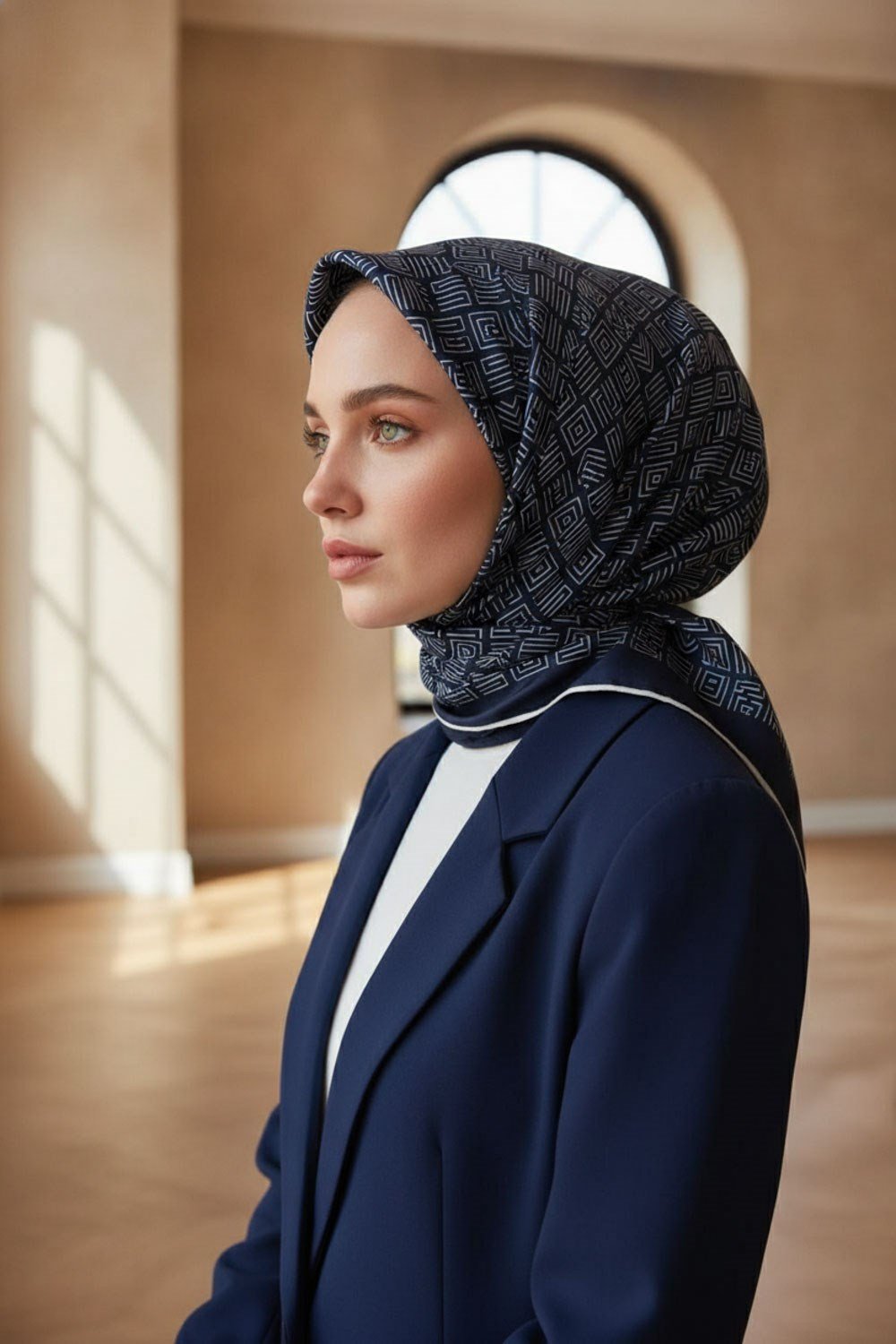 100% Twill İpek Etnik Motif Desenli Lacivert - Krem Renkli 90x90 Dikim Şekli : El Dikişi Eşarp