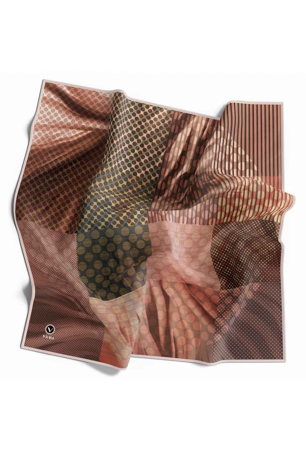 Twill Geometrik Desenli Bakır Renkli 90x90 Eşarp (İpek İçermez) Kenar Dikiş Şekli El Dikişli