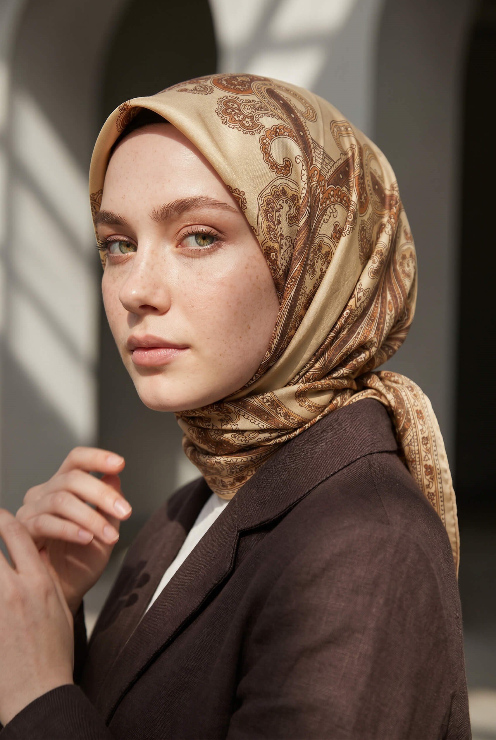 %100 Twill İpek Şal Desenli Bej - Kahverengi Renkli 90x90 Eşarp Dikim Şekli : El Dikişi