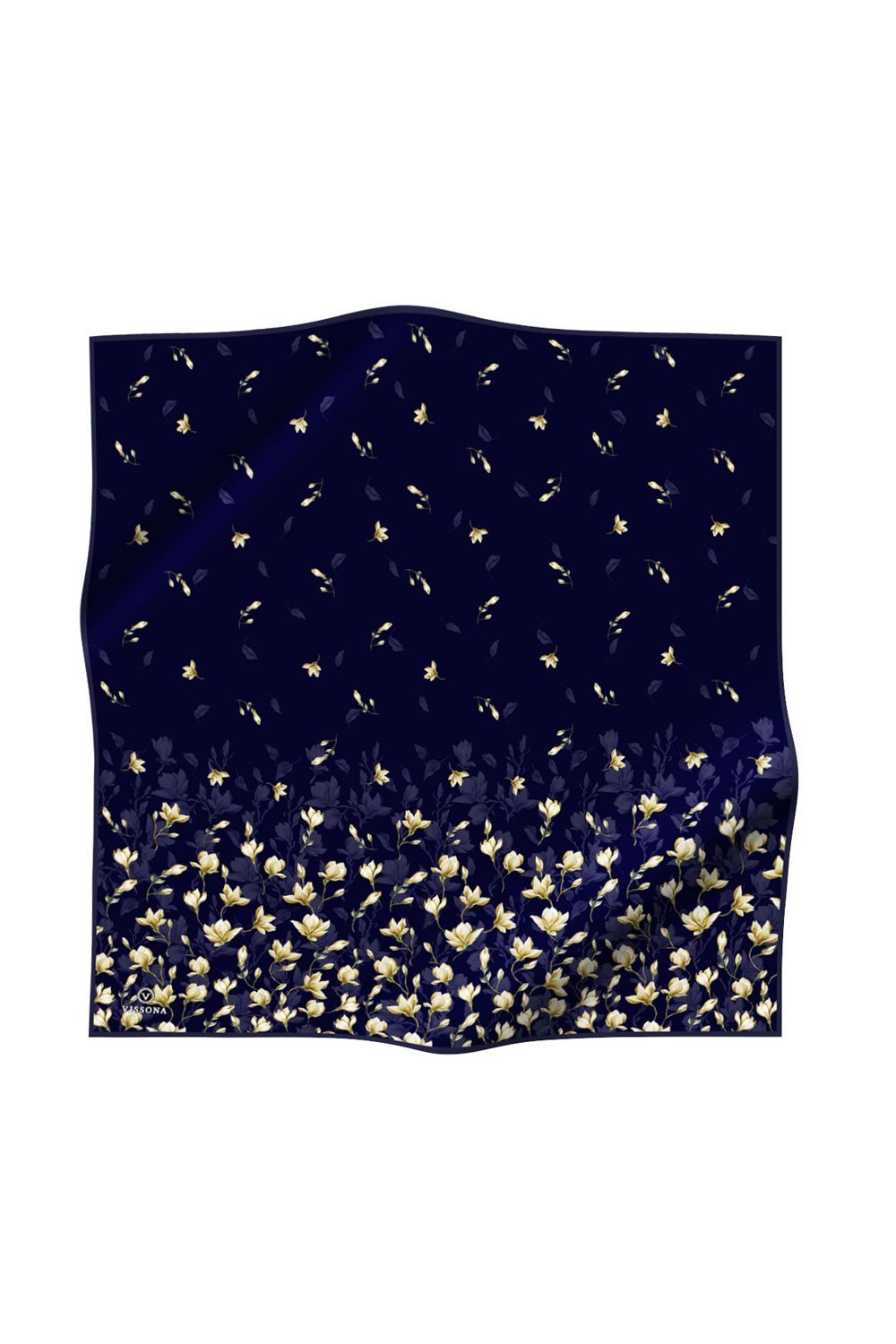 %100 Twill İpek Çiçek Desenli Lacivert Renkli 90x90 Eşarp Dikim Şekli : El Dikişi