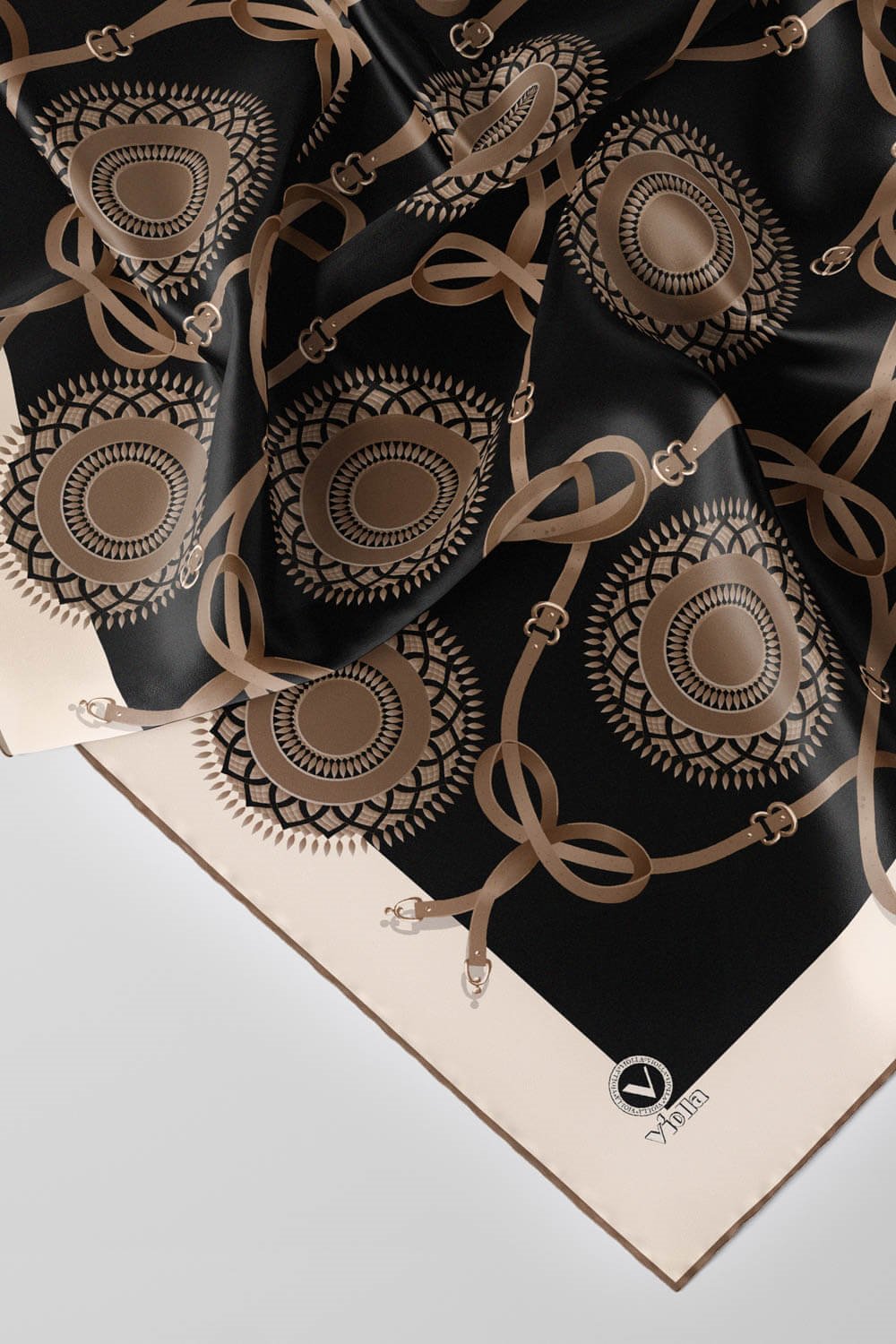 Twill Kemerli Ve Geometrik Desenli Bej Renkli 90x90 Eşarp (İpek İçermez) Kenar Dikiş Şekli El Dikişli