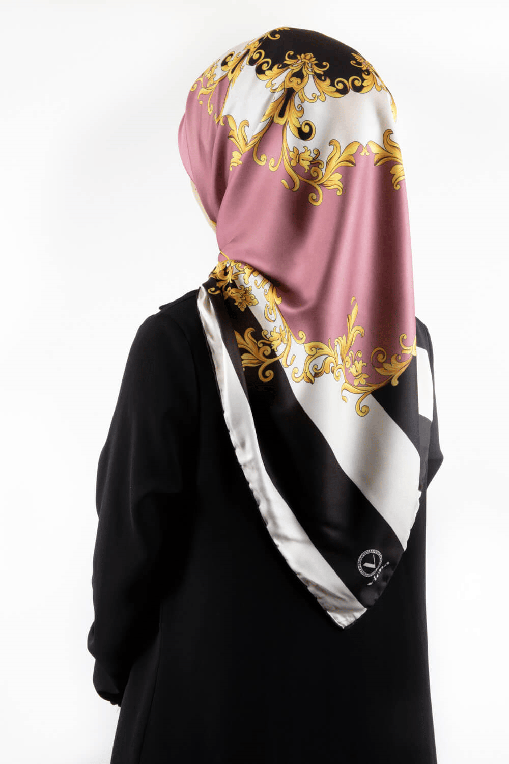 Twill Çizgili Barok Desenli Pudra Renkli 90x90 Eşarp (İpek İçermez)