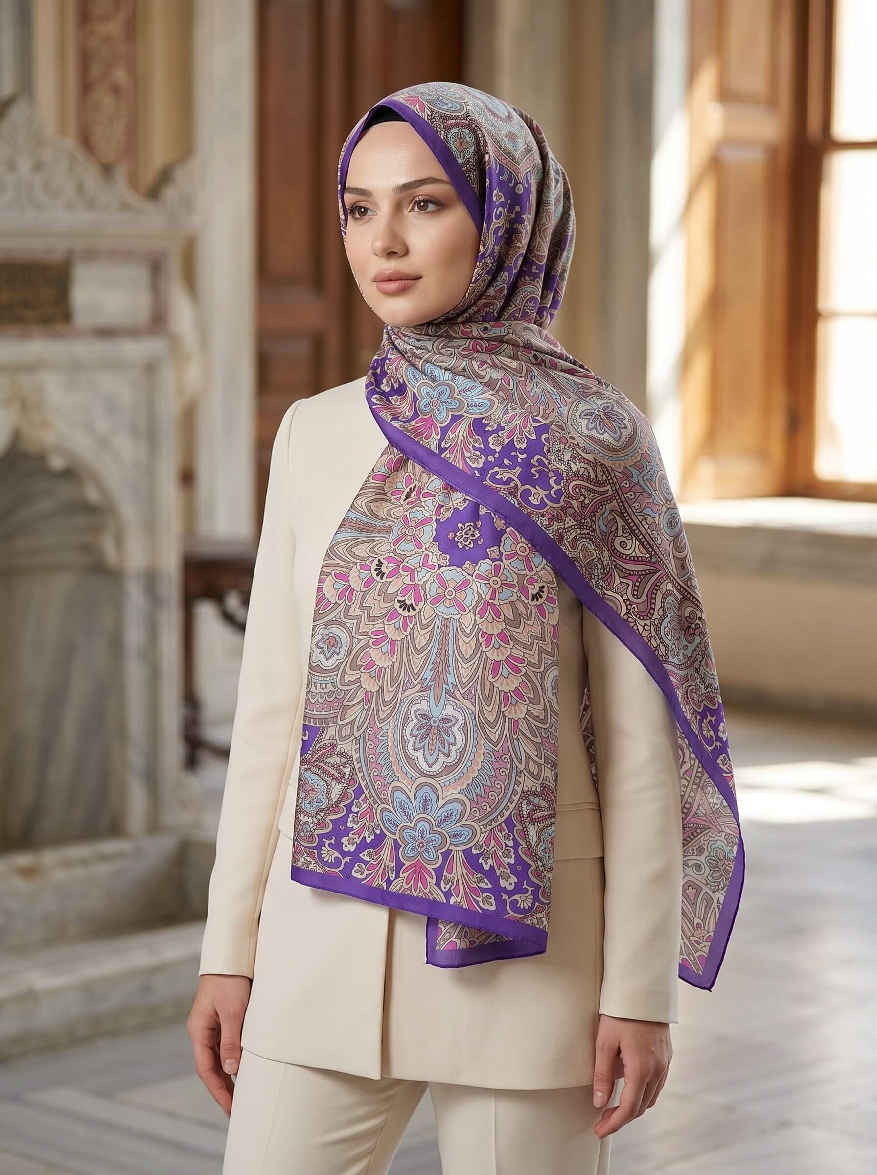 %100 Saf İpek Şal İnce Saten Vual Dokuma Etnik Desenli Mor - İndigo Renkli 90x210 Şal