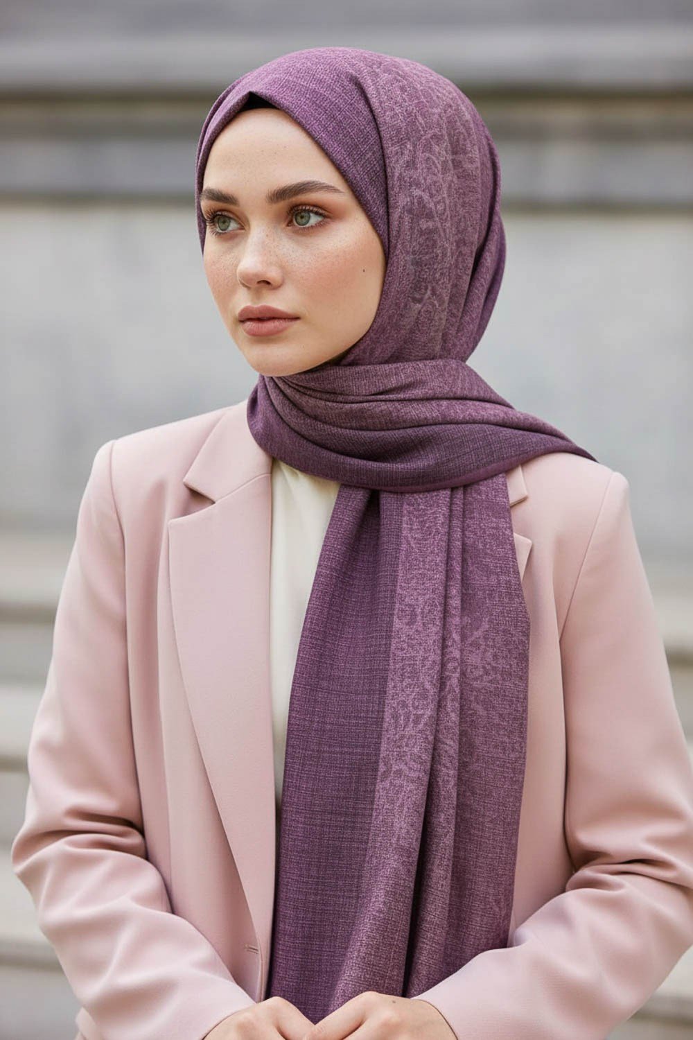 KREP DOKU DESENLİ PEMBE RENKLİ 75X195 KIRIŞMAZ ŞAL