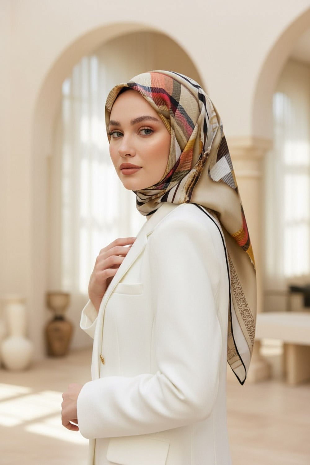 %100 Twill İpek Ekose Desenli Taş - Kırmızı Renkli 90x90 Eşarp Dikim Şekli : El Dikişi