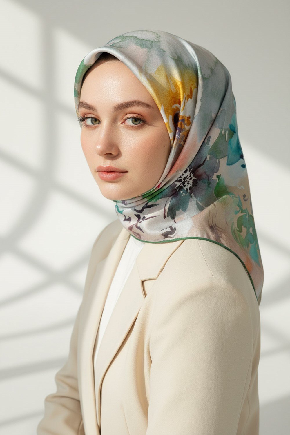 %100 Twill İpek Çiçek  Desenli Zümrüt Yeşili Renkli 90x90 Eşarp Dikim Şekli : El Dikişi
