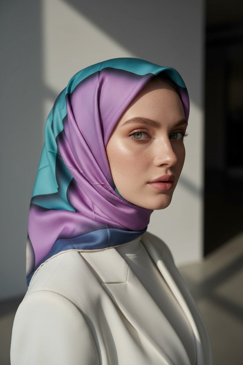 %100 Twill Renk Bloklu Çizgili Desenli Lila - İndigo Renkli 90x90 Eşarp Dikim Şekli: El Dikişii