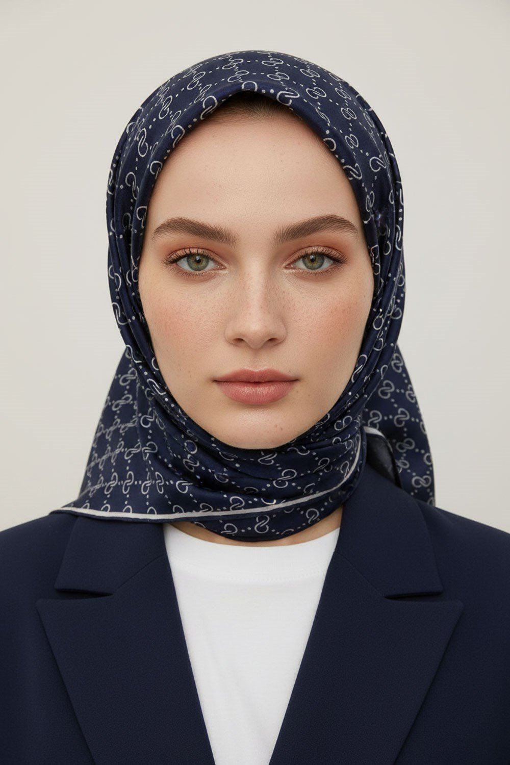 %57 İPEK %43 VİSKON Twill İpek Leopar Desenli Lacivert - Beyaz Renkli 90x90 Eşarp Dikim Şekli : El Dikişi