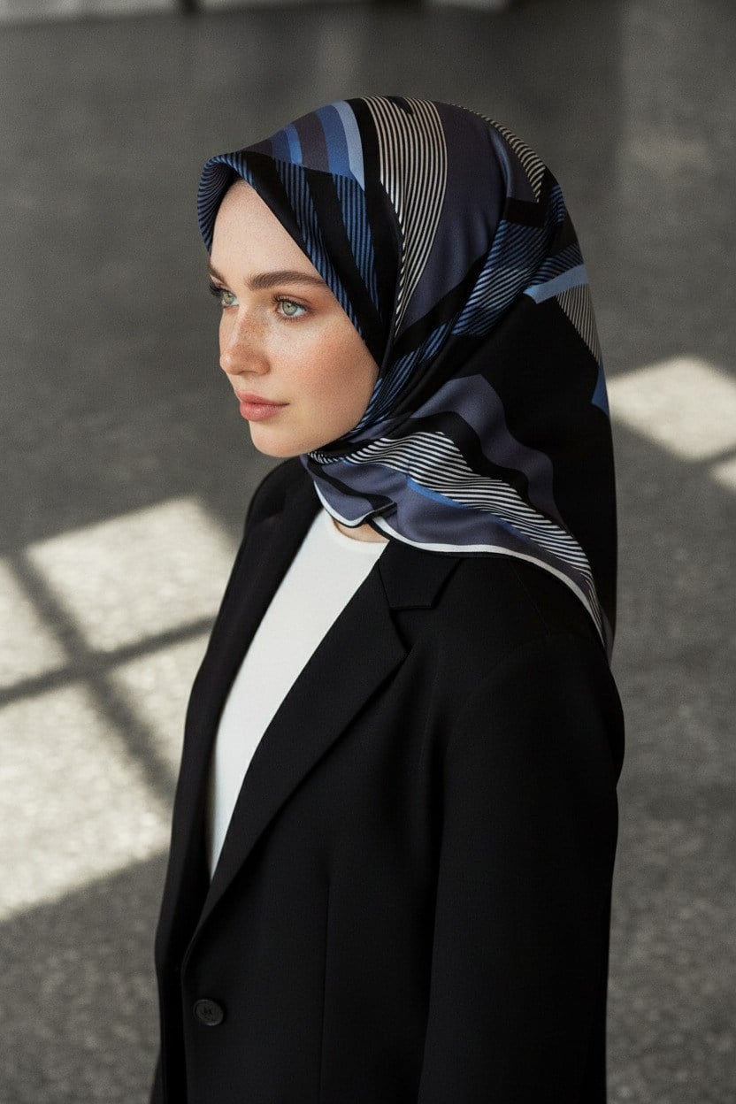 %100 Twill İpek Geometrik Desenli İndigo - Siyah Renkli 90x90 Eşarp Dikim Şekli : El Dikişi