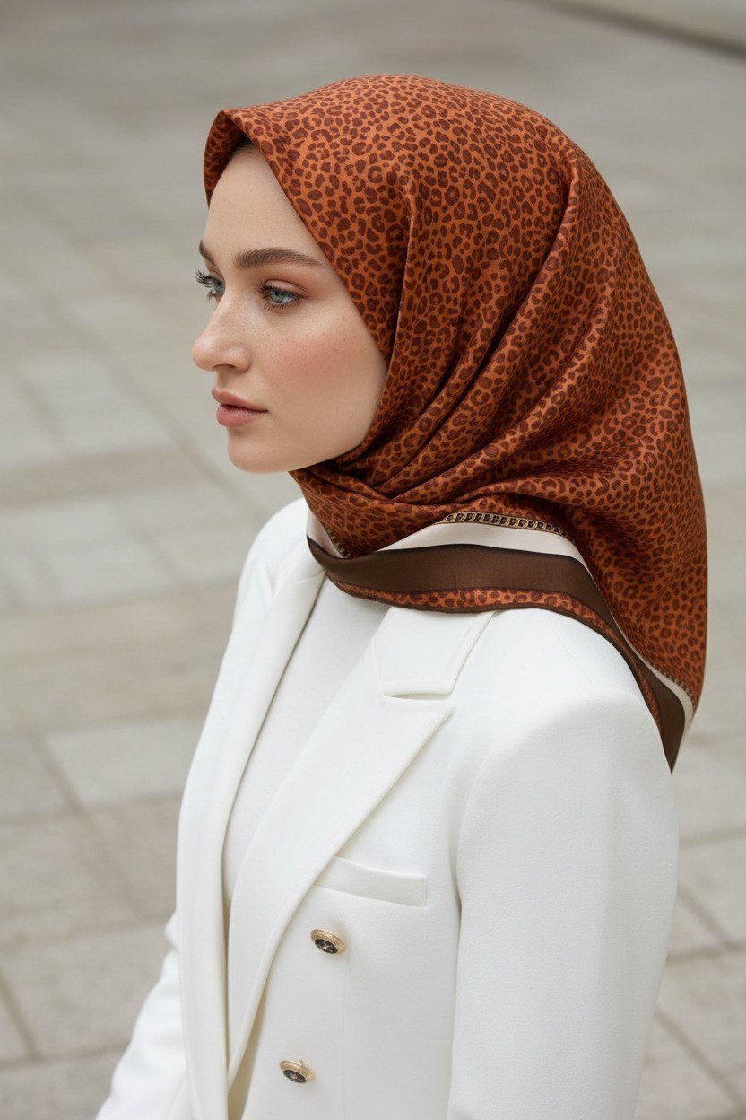 % 57 İPEK % 43 VİSKON Twill İpek Leopar Desenli Taba - Kahverengi Renkli 90x90 Eşarp Dikim Şekli : El Dikişi