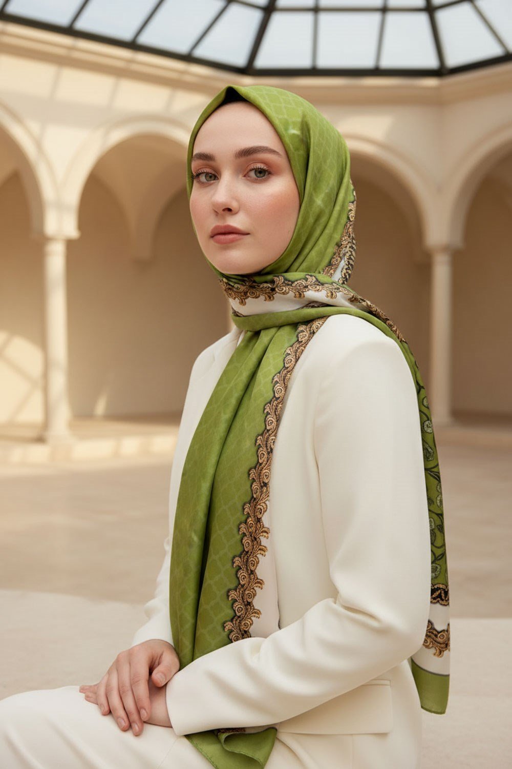 %100 Saf İpek Şal İnce Saten Vual Dokuma Yaprak Desenli Fıstık Yeşili - Gold Renkli 90x210 Şal