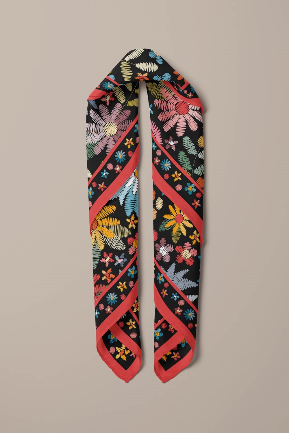%100 İpek Nakış Çiçek Desenli Kadın Bandana