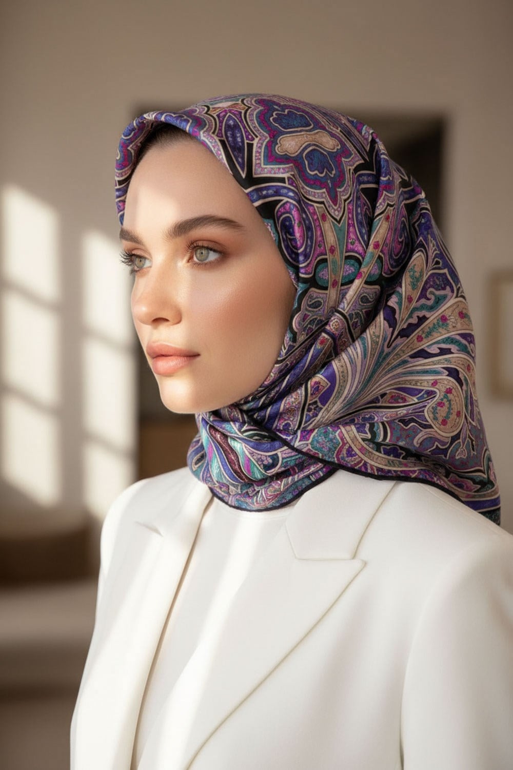 100% Twill İpek Etnik Desenli Mor - Petrol Yeşili Renkli 90x90 Dikim Şekli : El Dikişi Eşarp