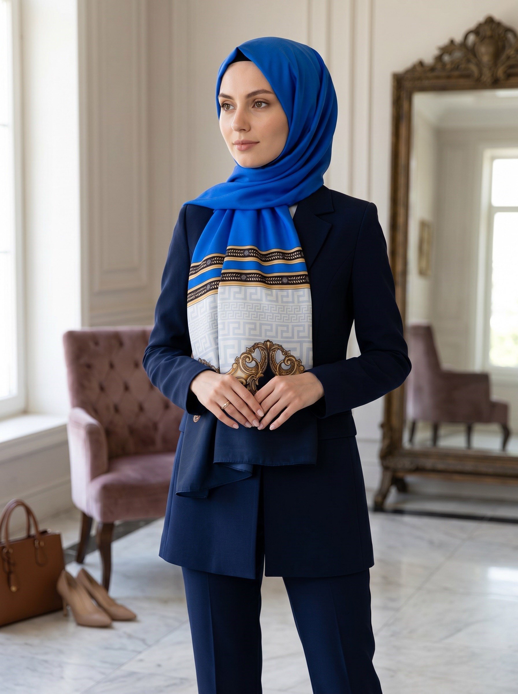 %100 Saf İpek Şal İnce Saten Vual Dokuma Barok Desenli 90x210 Şal