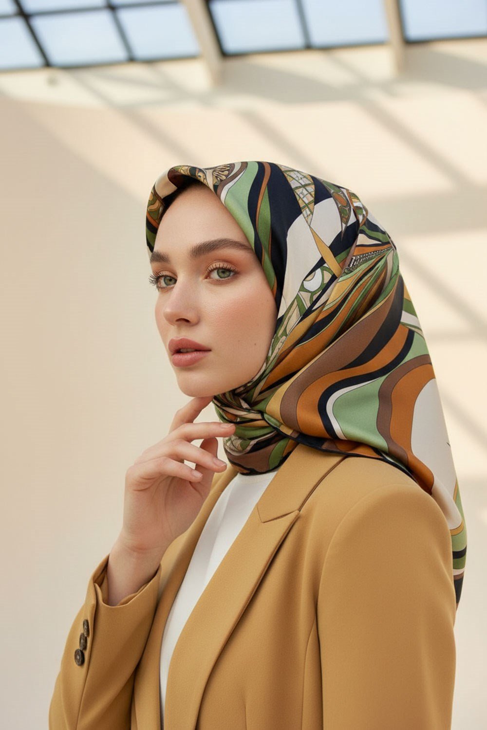 100% Twill Etnik Yaprak Desenli Haki Renkli 90x90 Dikim Şekli : El Dikişi Eşarp