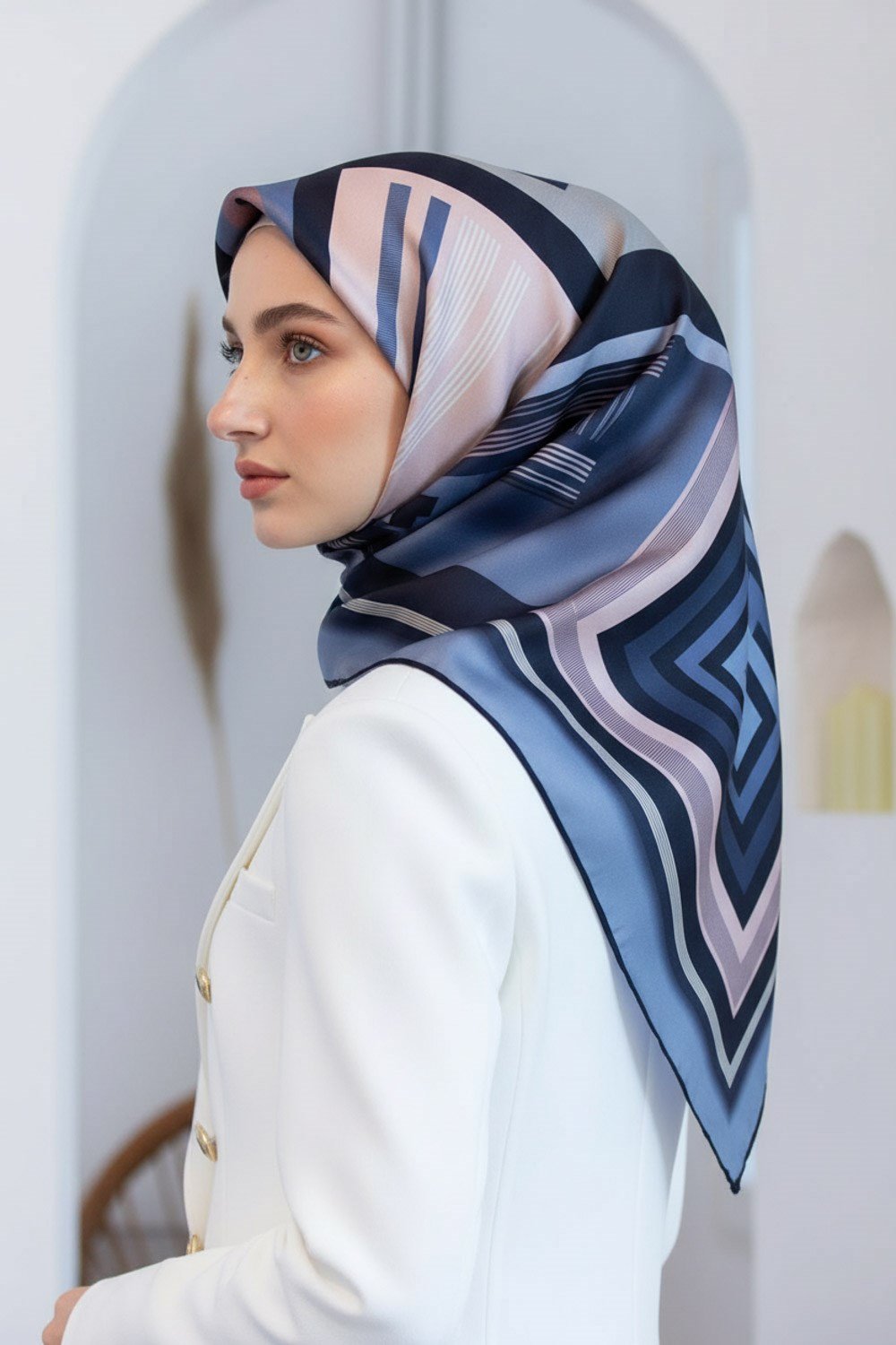 %100 Twill İpek Kare Desenli İndigo - Pudra Renkli 90x90 Eşarp Kenar Dikiş Şekli El Dikişli
