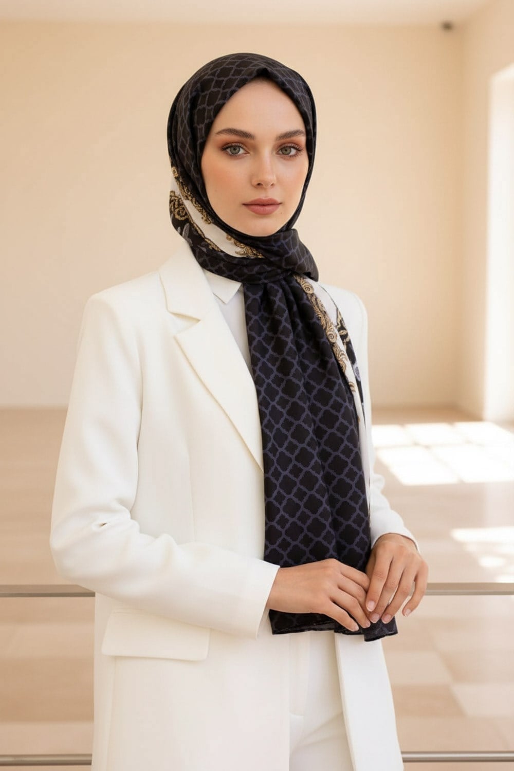 %100 Saf İpek Şal İnce Saten Vual Dokuma Yaprak Desenli Siyah - Gold Renkli 90x210 Şal