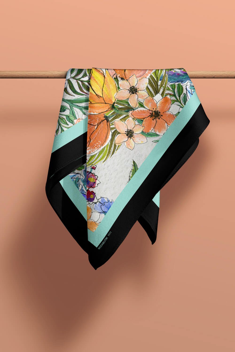 Violla F43 Kadın Su Yeşili Siyah Jardin Desenli 50x50 Bandana HYL DG01111-22