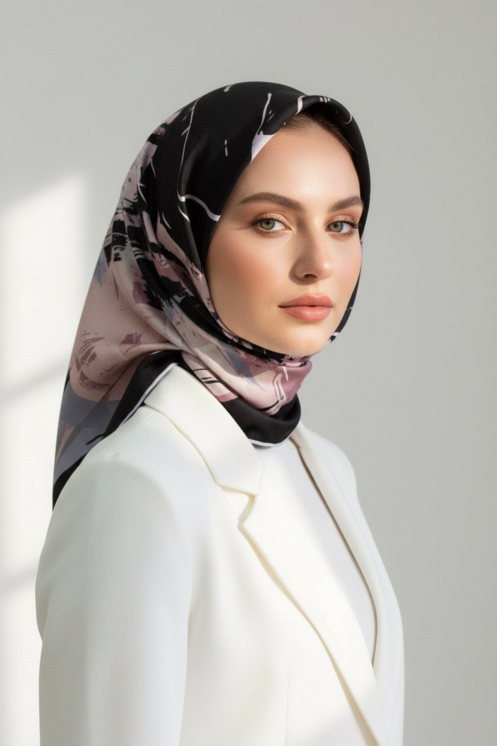 % 57 İPEK % 43 VİSKON Twill İpek Geometrik Desenli Siyah - Pudra Renkli 90x90 Eşarp Dikim Şekli : El Dikişi
