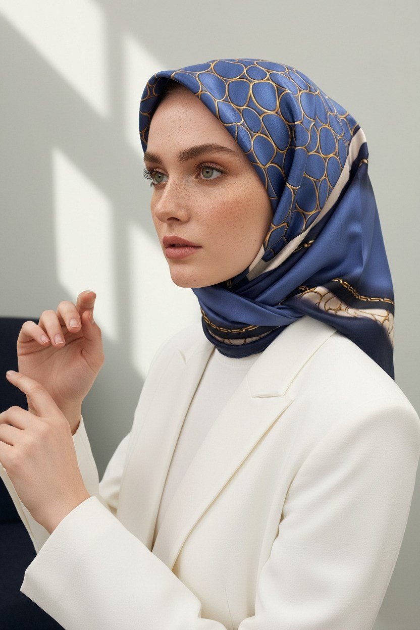 %100 Twill İpek Gold Halka Desenli İndigo - Lacivert Renkli 90x90 Eşarp Dikim Şekli : El Dikişi