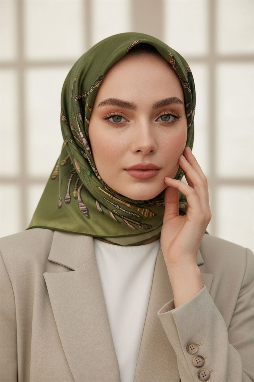 %100 Twill İpek Zincir Desenli Haki Renkli 90x90 Eşarp Dikim Şekli : El Dikişi