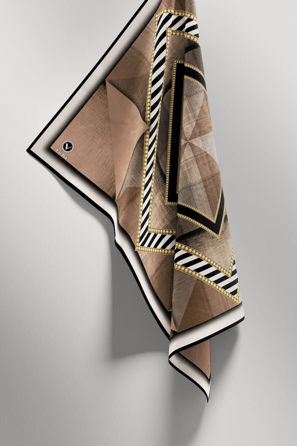 Twill Eskitme Desenli Bej Renkli 90x90 Eşarp (İpek İçermez) Kenar Dikiş Şekli El Dikişli